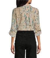 Westbound Ikat Animal 3/4 Roll-Tab Sleeve Point Collar Y-Neck Button Front Top
