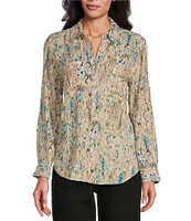 Westbound Ikat Animal 3/4 Roll-Tab Sleeve Point Collar Y-Neck Button Front Top