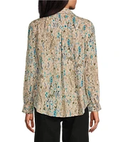 Westbound Ikat Animal 3/4 Roll-Tab Sleeve Point Collar Y-Neck Button Front Top