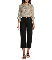 Westbound Ikat Animal 3/4 Roll-Tab Sleeve Point Collar Y-Neck Button Front Top