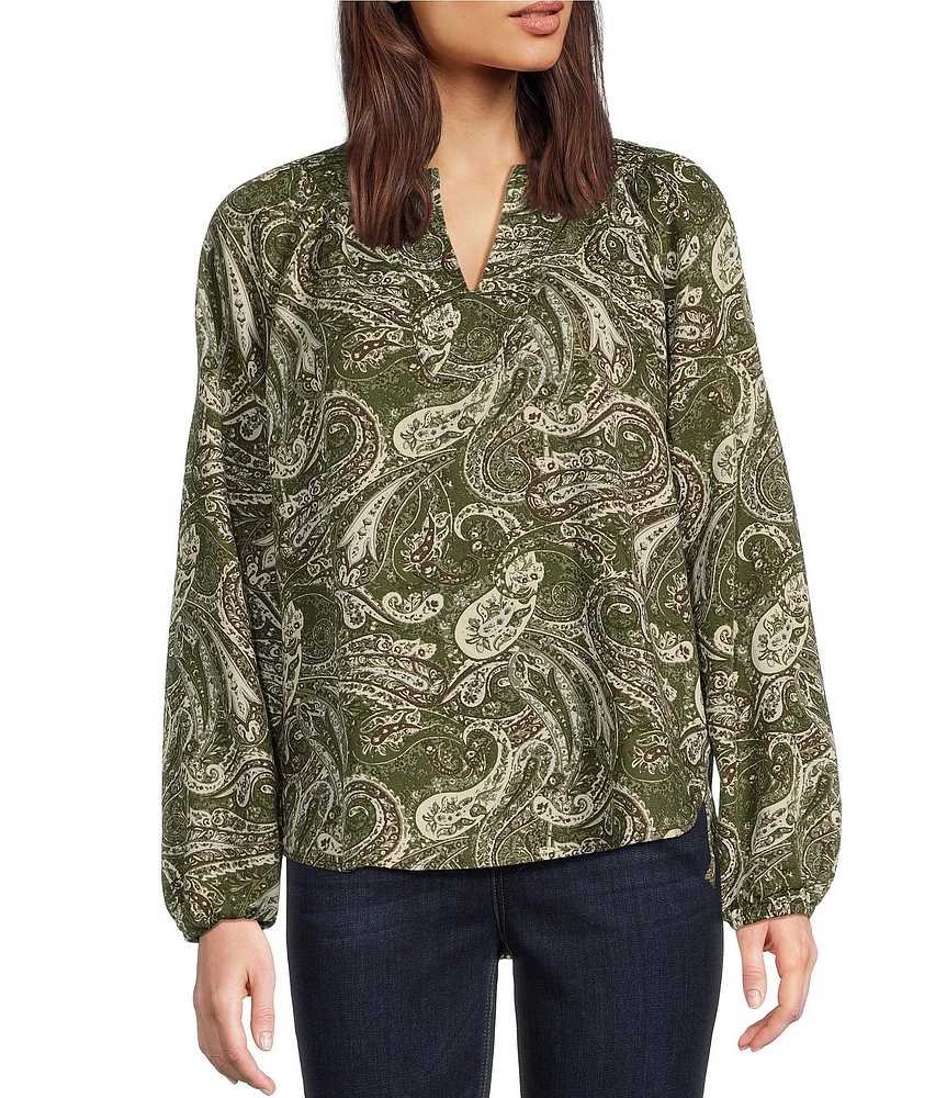 Westbound Ivy Arabesque Print Long Sleeve Split V-Neck Embroidered Top