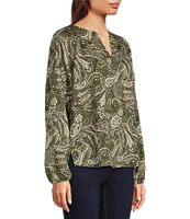 Westbound Ivy Arabesque Print Long Sleeve Split V-Neck Embroidered Top