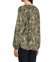 Westbound Ivy Arabesque Print Long Sleeve Split V-Neck Embroidered Top