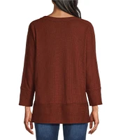 Westbound Knit 3/4 Sleeve V-Neck Button Side Hem Top