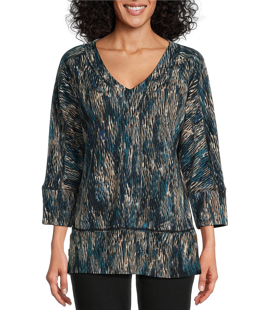 Westbound Knit 3/4 Sleeve V-Neck Button Side Cascade Print Hem Top