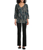 Westbound Knit 3/4 Sleeve V-Neck Button Side Cascade Print Hem Top