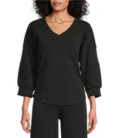 Westbound Knit 3/4 Sleeve V-Neck Stripe Detail Top