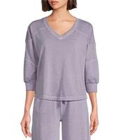 Westbound Knit 3/4 Sleeve V-Neck Stripe Detail Top