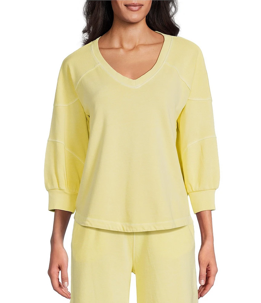 Westbound Knit 3/4 Sleeve V-Neck Stripe Detail Top
