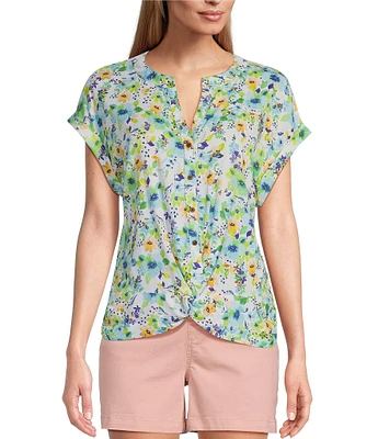 Westbound Knit Blooming Buds Short Sleeve Y-Neck Button-Front Twist Detail Top