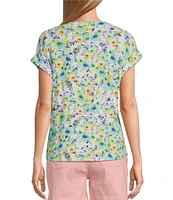 Westbound Knit Blooming Buds Short Sleeve Y-Neck Button-Front Twist Detail Top