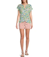 Westbound Knit Blooming Buds Short Sleeve Y-Neck Button-Front Twist Detail Top