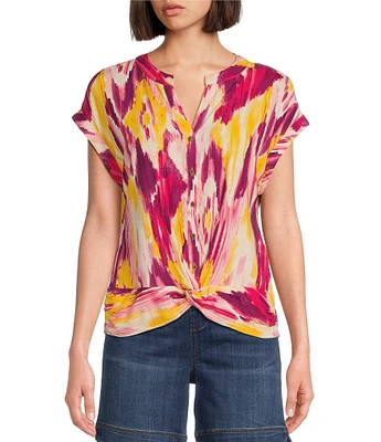 Westbound Knit Diamond Ikat Short Sleeve Y-Neck Button Front Twist Detail Top