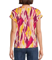 Westbound Knit Diamond Ikat Short Sleeve Y-Neck Button Front Twist Detail Top