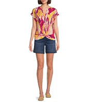 Westbound Knit Diamond Ikat Short Sleeve Y-Neck Button Front Twist Detail Top