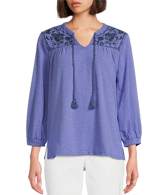 Westbound Knit V-Neck Long Sleeve Embroidered Top