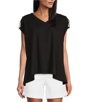 Westbound Knit V-Neck Short Sleeve High-Low Hem Top