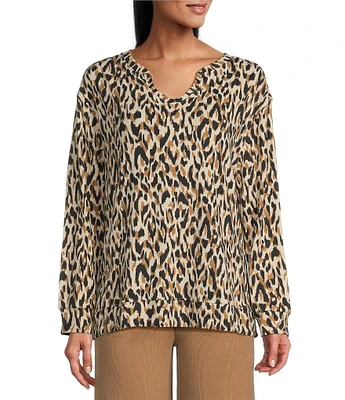 Westbound Leopard Print Notch Neck Long Sleeve Ribbed Top