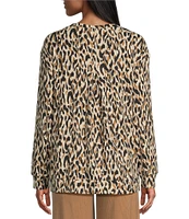 Westbound Leopard Print Notch Neck Long Sleeve Ribbed Top