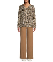 Westbound Leopard Print Notch Neck Long Sleeve Ribbed Top