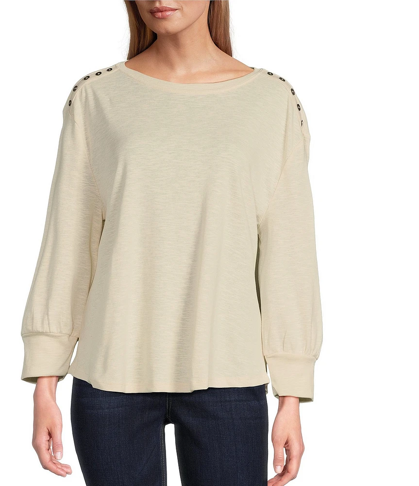 Westbound Long Sleeve Crew Neck Button Shoulder Top
