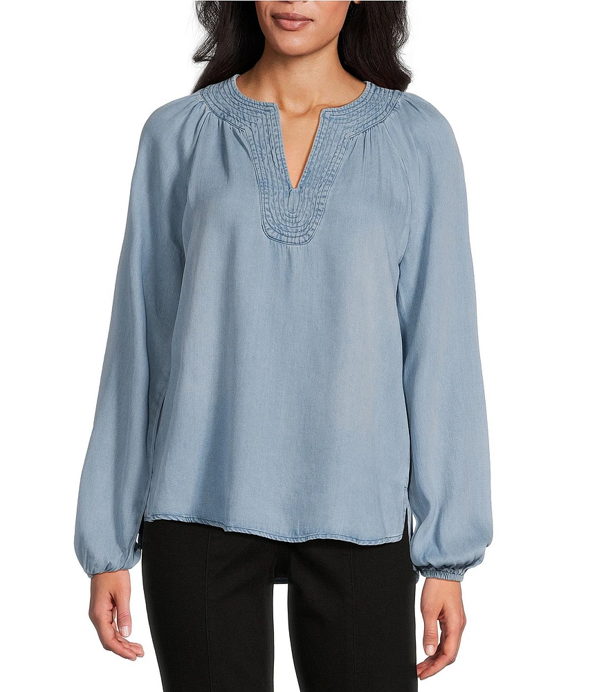 Westbound Long Sleeve Split V-Neck Embroidered Top