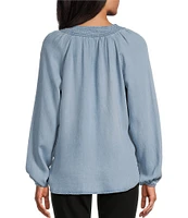 Westbound Long Sleeve Split V-Neck Embroidered Top