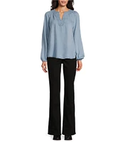 Westbound Long Sleeve Split V-Neck Embroidered Top