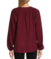 Westbound Long Sleeve Split V-Neck Embroidered Top