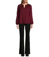 Westbound Long Sleeve Split V-Neck Embroidered Top