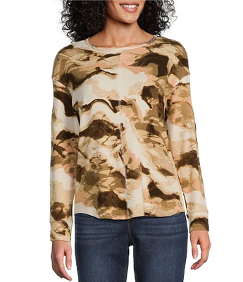 Westbound Marbled Sky Print Round Neck Long Sleeve Knit Tee Shirt