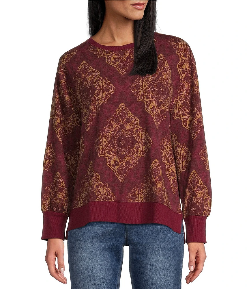 Westbound Medallion Print Long Sleeve Drop Shoulder Crew Neck Top