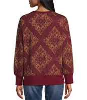 Westbound Medallion Print Long Sleeve Drop Shoulder Crew Neck Top