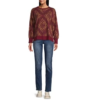 Westbound Medallion Print Long Sleeve Drop Shoulder Crew Neck Top