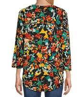 Westbound Midnight Abstract Floral Print 3/4 Sleeve Knit Crew Neck Top