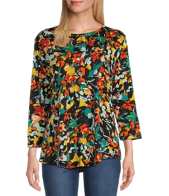 Westbound Midnight Abstract Floral Print 3/4 Sleeve Knit Crew Neck Top