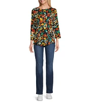 Westbound Midnight Abstract Floral Print 3/4 Sleeve Knit Crew Neck Top