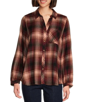 Westbound Ombre Plaid Print Long Sleeve Y-Neck Button Front Collared Top