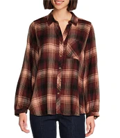 Westbound Ombre Plaid Print Long Sleeve Y-Neck Button Front Collared Top