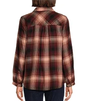 Westbound Ombre Plaid Print Long Sleeve Y-Neck Button Front Collared Top