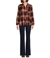 Westbound Ombre Plaid Print Long Sleeve Y-Neck Button Front Collared Top