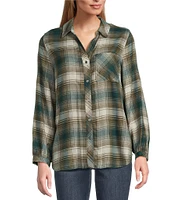 Westbound Ombre Plaid Print Long Sleeve Y-Neck Button Front Collared Top