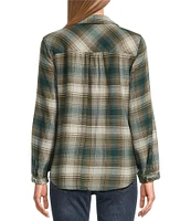 Westbound Ombre Plaid Print Long Sleeve Y-Neck Button Front Collared Top