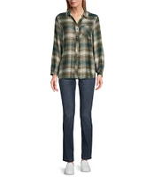 Westbound Ombre Plaid Print Long Sleeve Y-Neck Button Front Collared Top