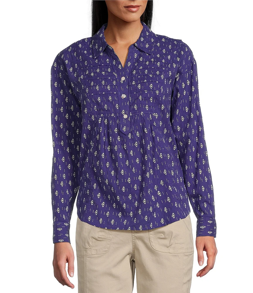 Westbound Orient Medallion Roll Tab 3/4 Sleeve Point Collar Henley Top