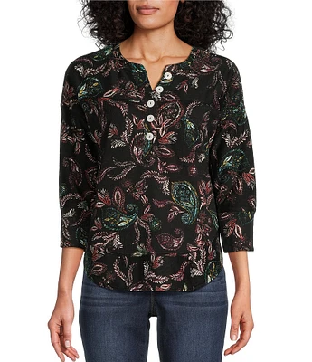 Westbound Paisley Leaves Print Long Sleeve Henley Curved Hem Top