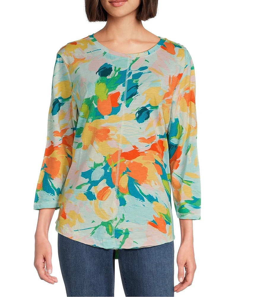 Westbound Paradise Floral 3/4 Sleeve Knit Crew Neck Top