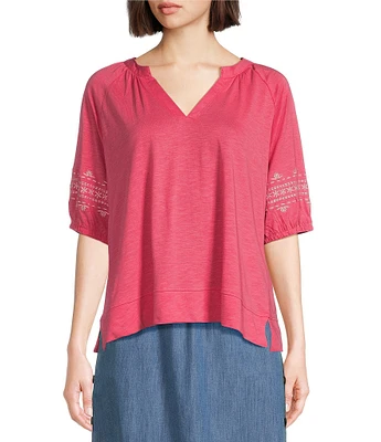 Westbound Petite Size Short Puff Sleeve V-Neck Top