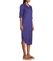 Westbound Petite Size 3/4 Roll-Tab Sleeve Button-Front Midi Shirt Dress