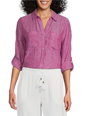 Westbound Petite Size 3/4 Roll-Tab Sleeve Point Collar Y-Neck Button Front Shirt